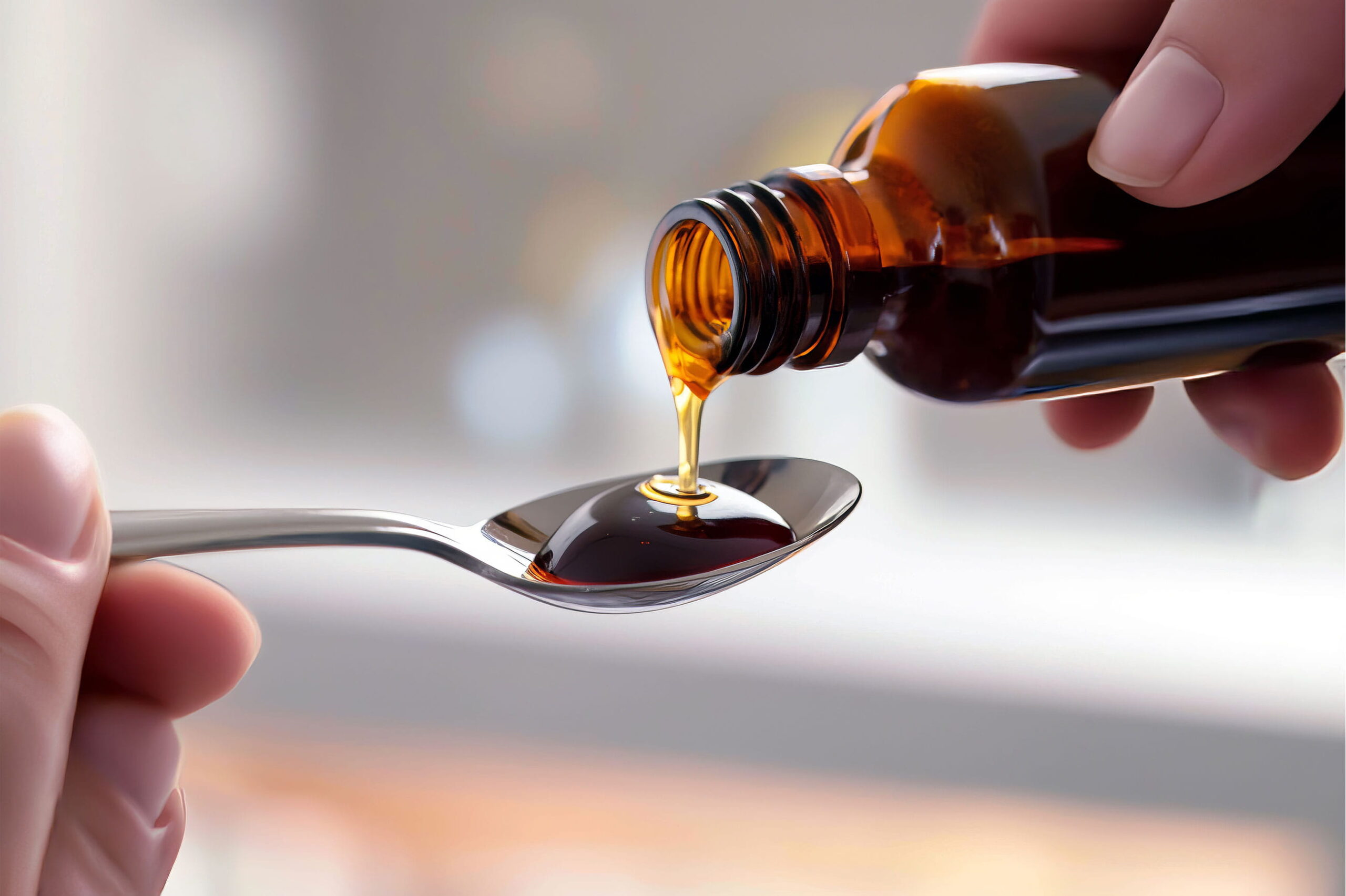 Brown oral liquid formulation being poured into a spoon.